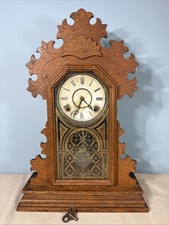 Antique E Ingraham Parlor Kitchen Mantel Clock Gingerbread Wood Case WORKS USA picture