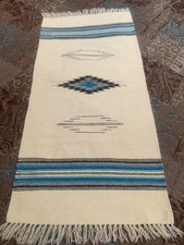 Ortegas Weaving Shop Chimayo NM 100% Wool Hand Woven Rug Cream Turquoise 38x18 picture