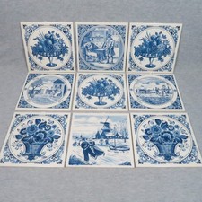 9 Vtg Schoonhoven Ceramic Tiles Trivets Delft Blue Fruit Flower Baskets Windmill picture
