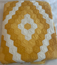 Vintage Hand Sewn Yellow & White Patchwork Quilt Diamond Diagonal Scalloped Edge picture