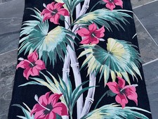 30's Miami Beach Art Deco FAN PALMS & Hibiscus on BLACK Barkcloth Vintage Fabric picture