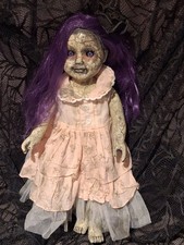 OOAK Creepy Doll 18 In Tall Halloween Prop Handmade Purple Hair Eyes picture