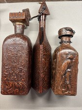 Set 3 Vintage Spanish Leather Wrapped Glass Decanter Conquistador Made in Spain picture