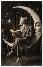Vintage‑STYLE  ART  RPPC-GREYHOUND DOG READING BOOK ON PAPER MOON-FAUX PHOTO picture