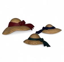 VINTAGE Burwood Straw Bonnet Hats Blue Ribbon Wall Hanging Plaques Home MCM picture