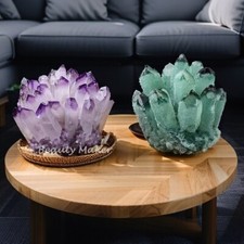2Pcs Large Natural Amethyst + Green Phantom Quartz Cluster Crystal Home Decor picture