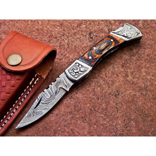 Handmade 7 Inch Damascus Steel Folding Pocket Knife Reddish Brown Hunting picture