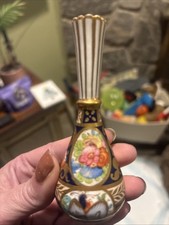 Antique Crown Staffordshire England 4.25” Miniature Vase Cobalt Gold Floral picture