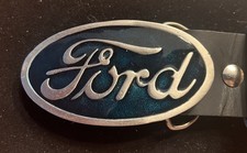 Vintage Ford Cobalt Blue Buckle with Custom Genuine Leather Belt picture