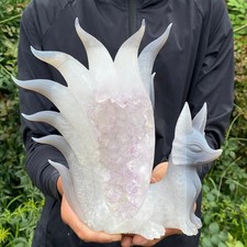 5.6LB   Natural Amethyst Geode Hand Carved Nine-tailed Fox Quartz Crystal Decor picture
