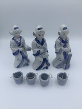 Three VTG 6” porcelain blue and white Geisha Figurines picture