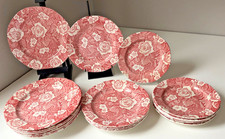VTG Burleigh Staffordshire Victorian Chintz Pink Red Rose Plates Set of 18 picture