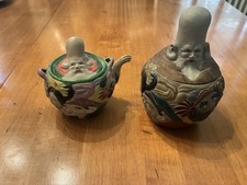 VINTAGE Japanese Banko Ware Multi-Face Tea Pot and Jar 7 Lucky Gods - Set of Two picture