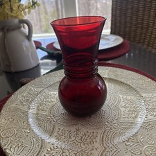 Vintage Cranberry Glass Vase 6.25” Minimal Bouquet RED Decor round bulb trumpet picture