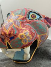 Signed Pepe Santiago Oaxacan Wood Carving Alebrije Jaguar Head Mexican Folk Art picture