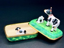 Porcelain Cow & Calf Trinket Box • Green Meadow Base • Hidden Mini Calf Inside. picture