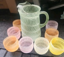 Vintage MCM 1950s Spaghetti String Pitcher, 8 Glasses picture
