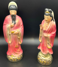 Vintage Chinese Art Pottery Man Woman Nobleman Figurine Pair Vibrant Pink & Gold picture