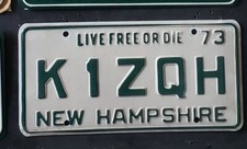 1973 NEW HAMPSHIRE HAM RADIO LICENSE PLATE TAG W1ZQH  NICE CONDITION picture