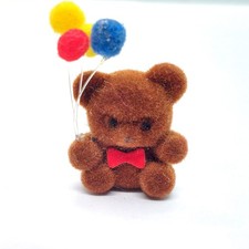 Vintage Flocked Teddy Bear Pin Pom Pom Balloons Red Bow Tie Fuzzy Animal Lapel picture