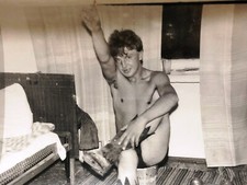 Gay Interest 1980s Shirtless Man Trunks Portrait Soviet Vtg Snapshot Photo B&W picture