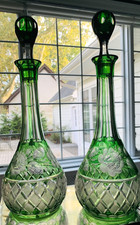 2 Vintage German Crystal Wine Decanters in Light Green w/Floral Motif; ~16