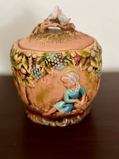 Vintage Napcoware Ceramic Cookie Jar, Little Girl With Harp Boy With Flute Doves picture