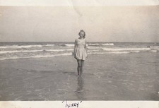 Vintage Snapshot Photo 1930s Woman Swimwear Beach Ocean Waves Horry Labeled picture