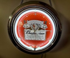Budweiser King of Beers “Chrome Ring & White Neon Lit Clock”. Licensed In EXC picture