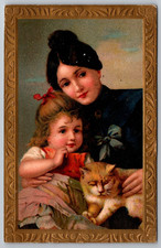 Woman Holding Young girl and a Cat Kitten - Antique 1907 Postcard J1 picture