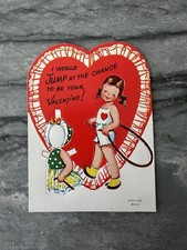 NOS Vintage Paper Doll Valentine Card Brunette Girl Dress Jump Rope Hat Heart picture