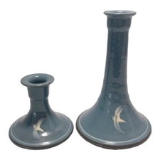Vintage Handpainted Clay Candlesticks Martlet Pattern Blue White Set 2 6.5