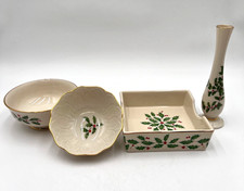 Lenox Holiday Dimension Collection 4pc Holly Berry Gold Trim Bowl Vase Set picture