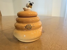 Ceramic Honey Miel Jar, Honey Pot Bee Hive W Wooden Bee Dipper With Daisy picture
