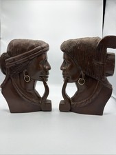 Vintage Hand Carved Wooden Wall Plaque Pair Tribal Profile Reliefs Mid-Century picture
