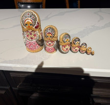 Beautiful Blond Russian Matryoshka Hand Painted Nesting Dolls 7 Pc picture