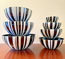 Vintage 1960's Catherineholm Enamelware Nested Set of 7 Bowls Black White Stripe picture