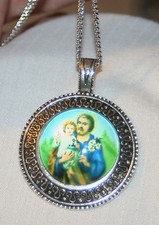 Sloped Swirl Rim Rnd Metal Beaded St. Joseph & Jesus Silvertone Pendant Necklace picture