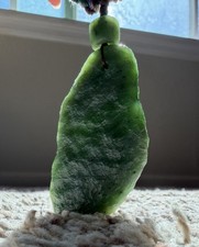 Natural Hetian Jade Green Nephrite Rough Stone Pendant, 65mm, w/Certificate picture