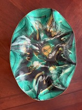 Vtg Mexican Resin Pour Ruffled Edge Bowl Faux Leather Backing 14 in Blue Green picture