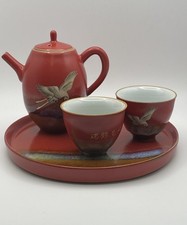 Red Auspicious Crane Ceramic Tea Set w/Tray Hand-painted picture