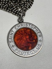 Vtg Saint Christopher 1” Red Enamel Sterling Silver Pendant 25” Endless Chain picture