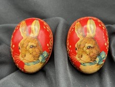2 VINTAGE RED EASTER EGGS BUNNY PAPER MACHE GERMANY PUSSYWILLOW  3” CANDY picture