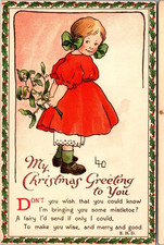 Ethel DeWees~Christmas Little Girl in Red w. Mistletoe 1910 Nister Postcard~r672 picture