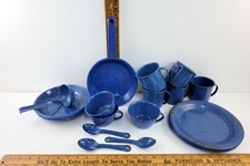 Vtg Blue White Granite Speckled Enamelware Lot of Camping- Bowls,Spoons,Plates++ picture