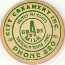 Milk Bottle Cap- City Creamery - Kingsport, TN (Tennessee)- PHONE 220 -maverick picture