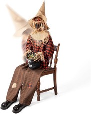 4.5 ANIMATED JUMPSCARE SCARY SITTING SCARECROW WITH CANDY BAG HALLOWEEN PROP2026 picture