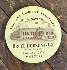 VINTAGE C. 1910 DODSON FIRE INSURANCE PAPERWEIGHT POCKET MIRROR SIGN KANSAS CITY picture