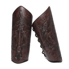 Men's Medieval Viking Leather Bracers Embossed Sword Arm Guard Gauntlet Pair picture