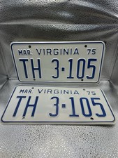 Pair 1975 Virginia License Plate Tag TH 3-105 picture